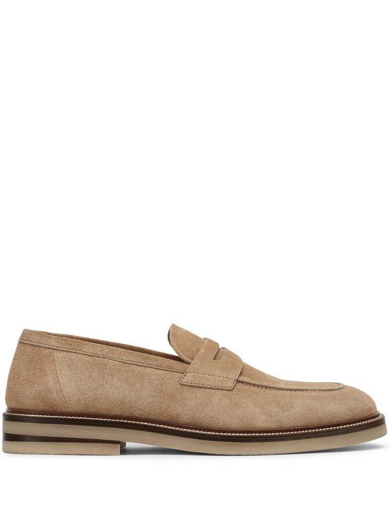 Shop Brunello Cucinelli Penny Loafers In Suede In Beige