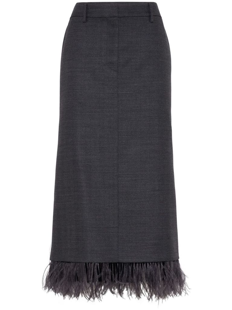 Shop Brunello Cucinelli Long Wool Skirt With Feathers In Grey