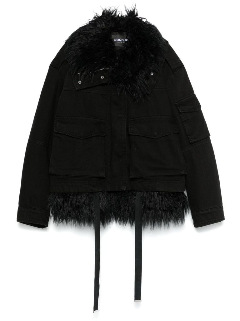 Shop Dondup Denim Jacket With Faux Fur In Black