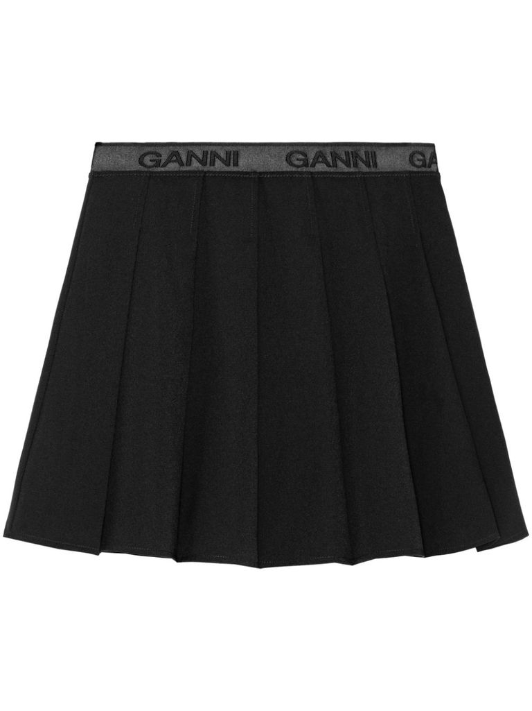 Shop Ganni Pleated Mini Skirt With Logo In Black