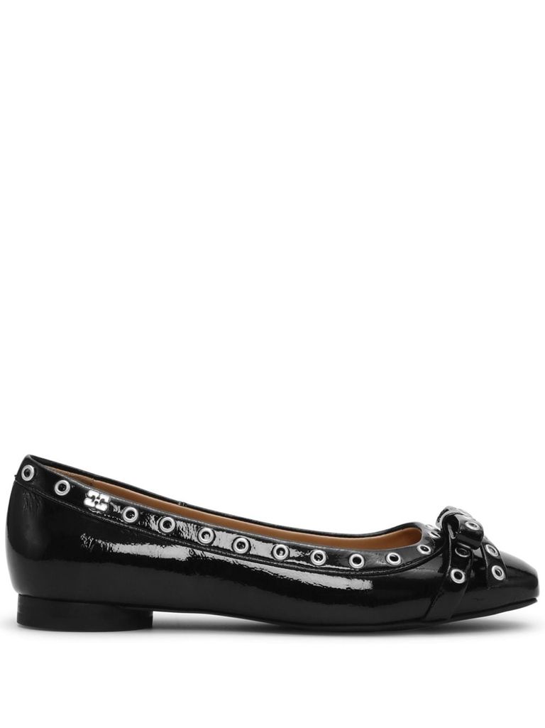 Shop Ganni Ballet Flats With Eyelets And Bow In Black