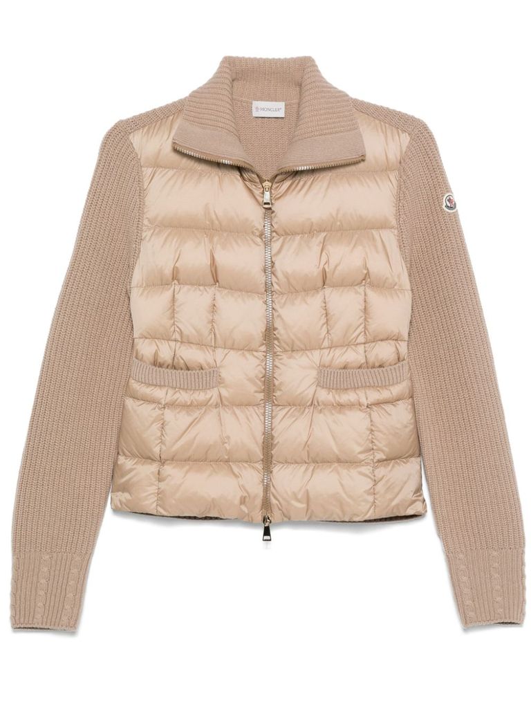 Shop Moncler Padded Cardigan With Logo In Beige