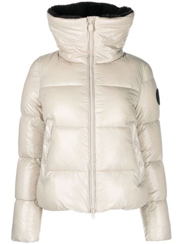 Short beige Moma puffer jacket with fur