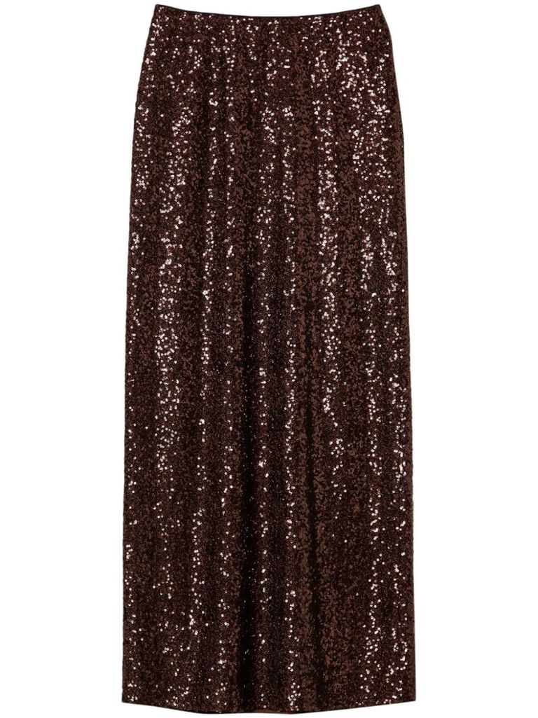 Shop Twinset Long Draped Skirt With Rhinestones In Brown