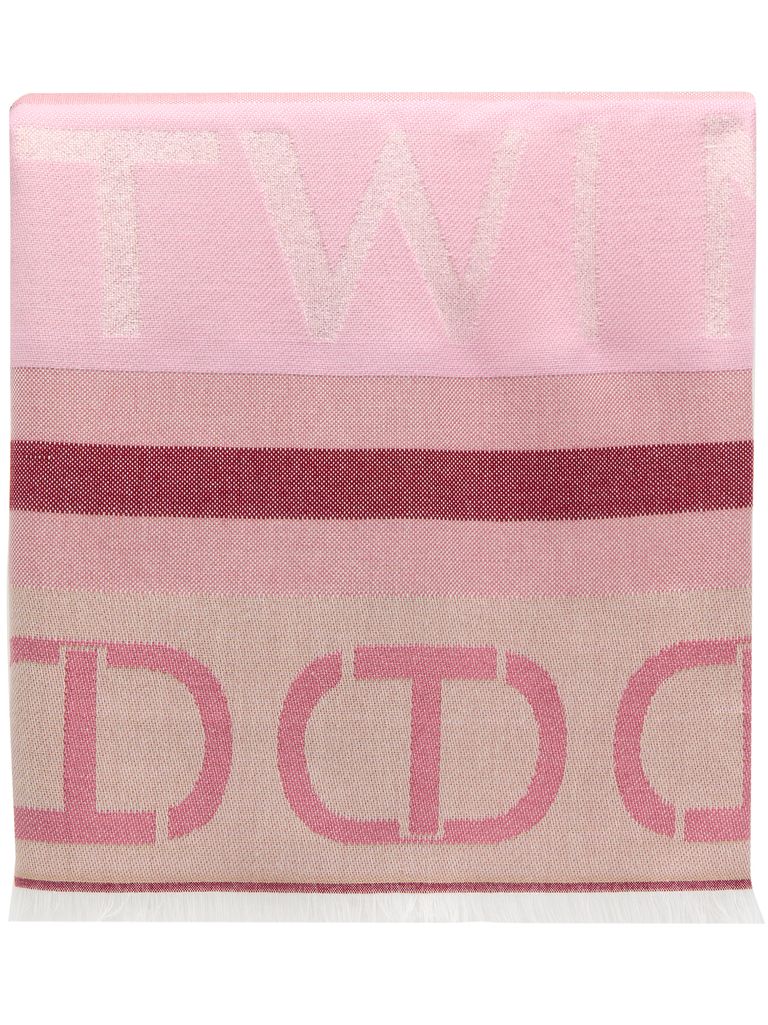 Twinset Multicolor Pink Scarf With Logo In Gold