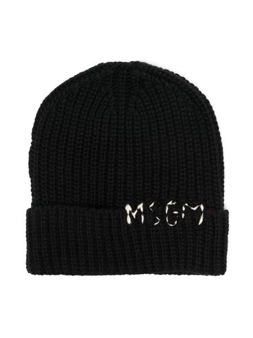 Embroidered logo black wool beanie