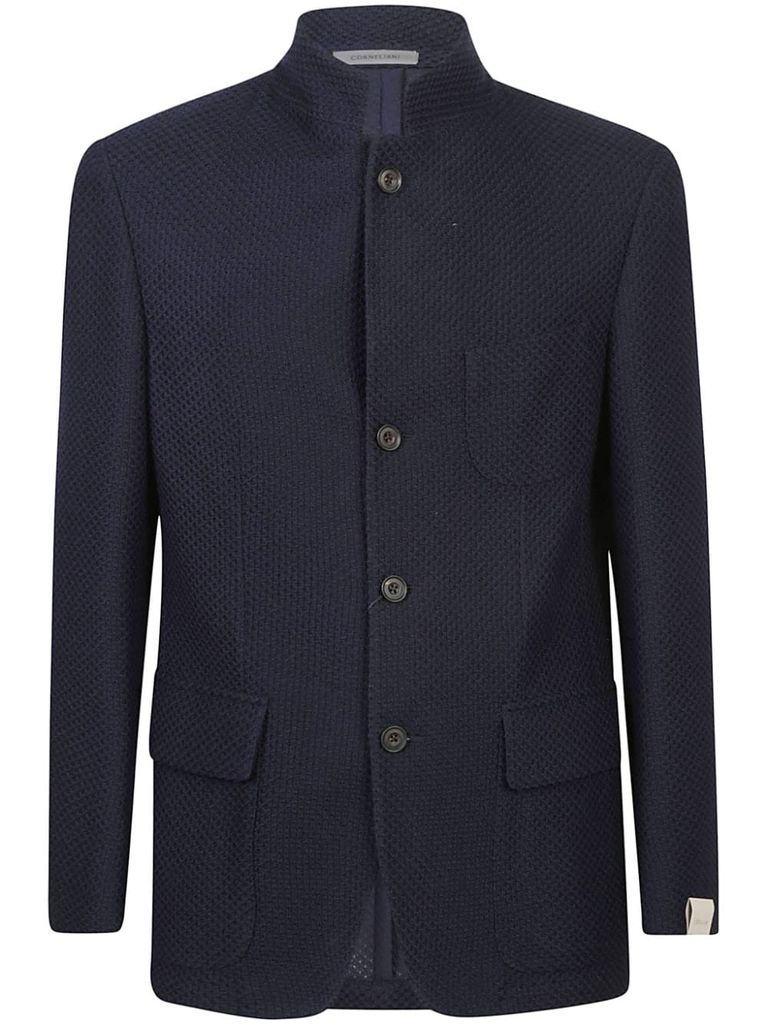 Corneliani Wool Blazer With A Mandarin Collar In Blue