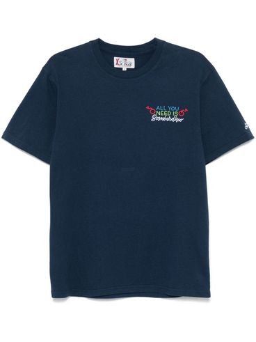 Blue cotton T-shirt with embroidered phrase