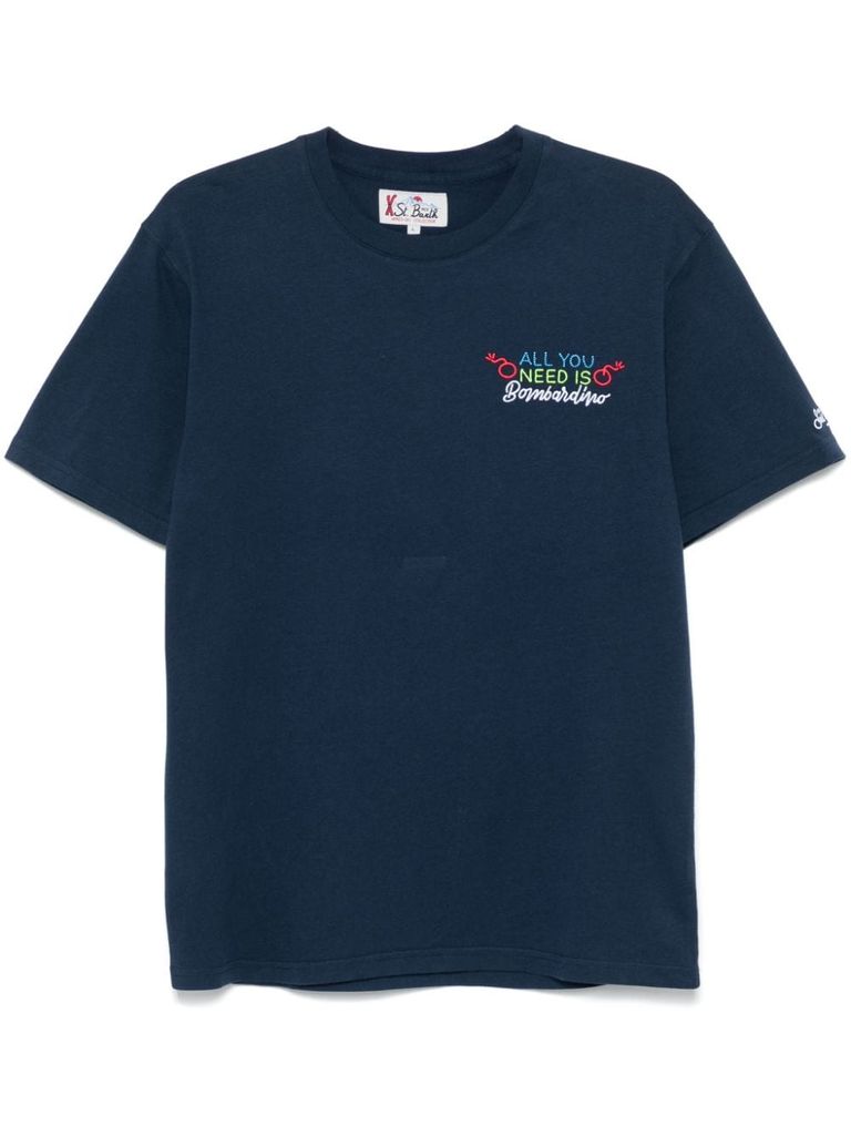 Mc2 Saint Barth Blue Cotton T-shirt With Embroidered Phrase