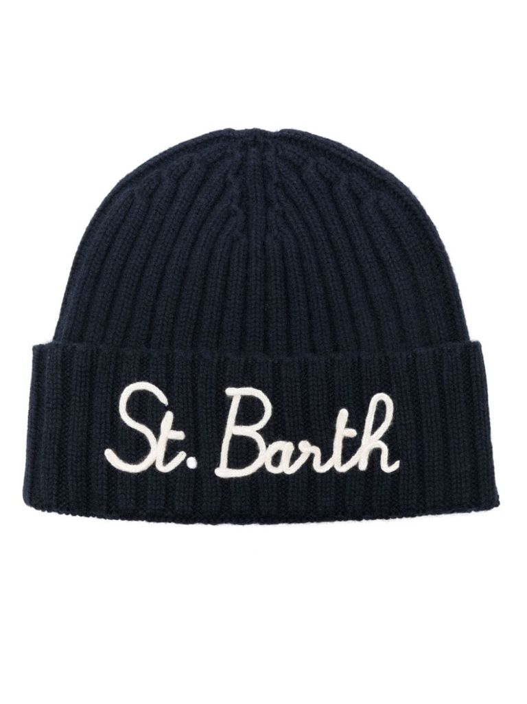 Mc2 Saint Barth Wengen Ribbed Wool Beanie With Embroidered Logo In Blue