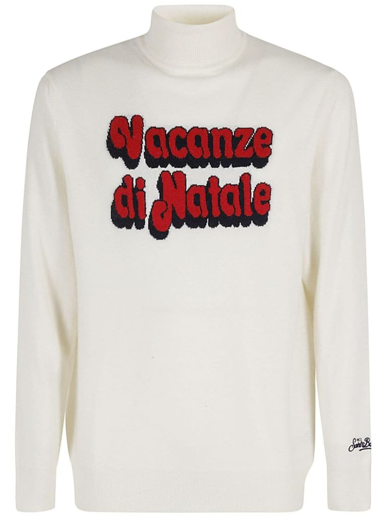 Mc2 Saint Barth Dolcevita Sweater In Wool Blend With Writing In White