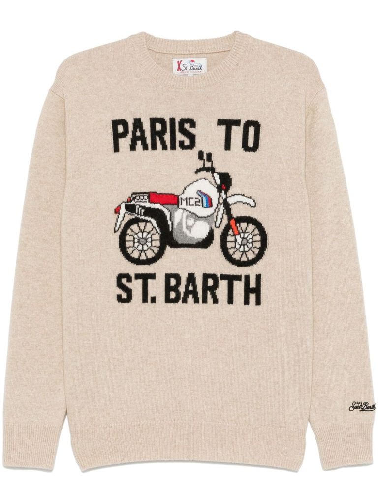 Shop Mc2 Saint Barth Wool Sweater With Motorcycle Design In Beige