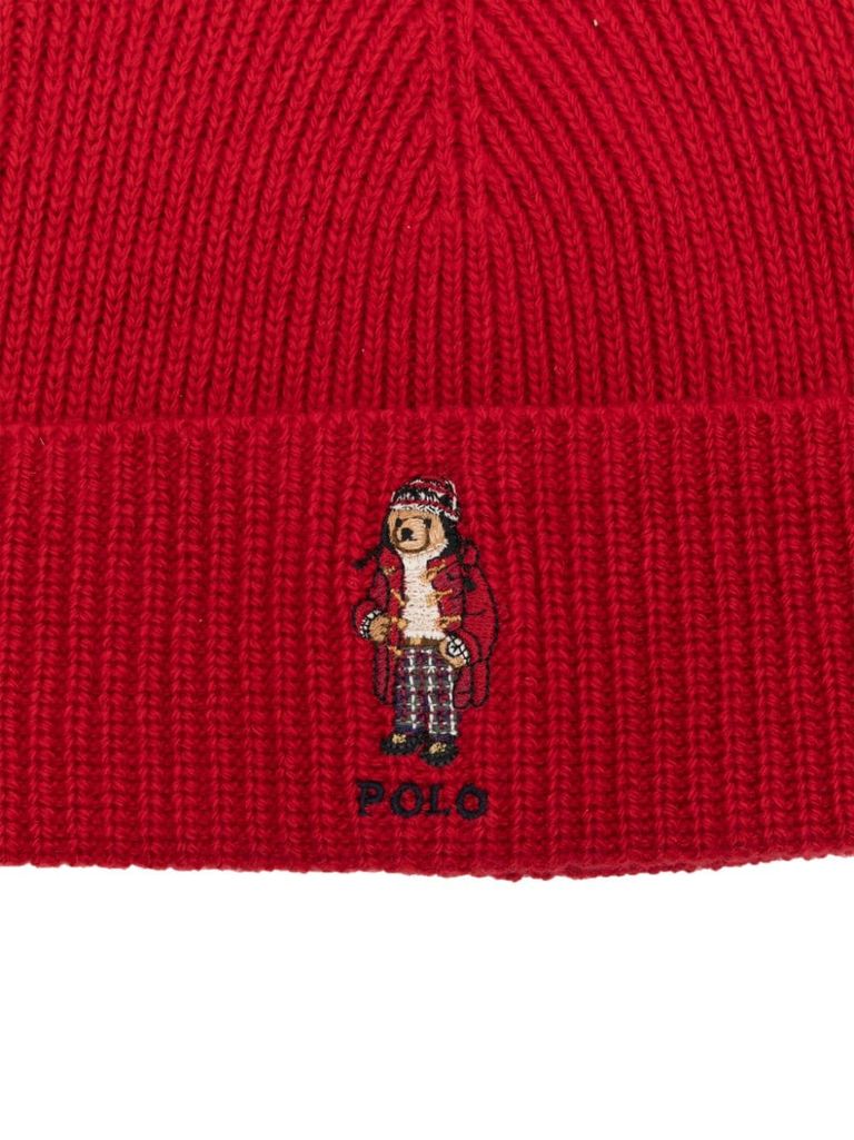 Shop Polo Ralph Lauren Ribbed Wool Beanie With Bear Embroidery In Red