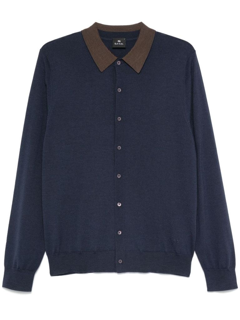 Shop Ps By Paul Smith Wool Cardigan With Striped Collar In Blue