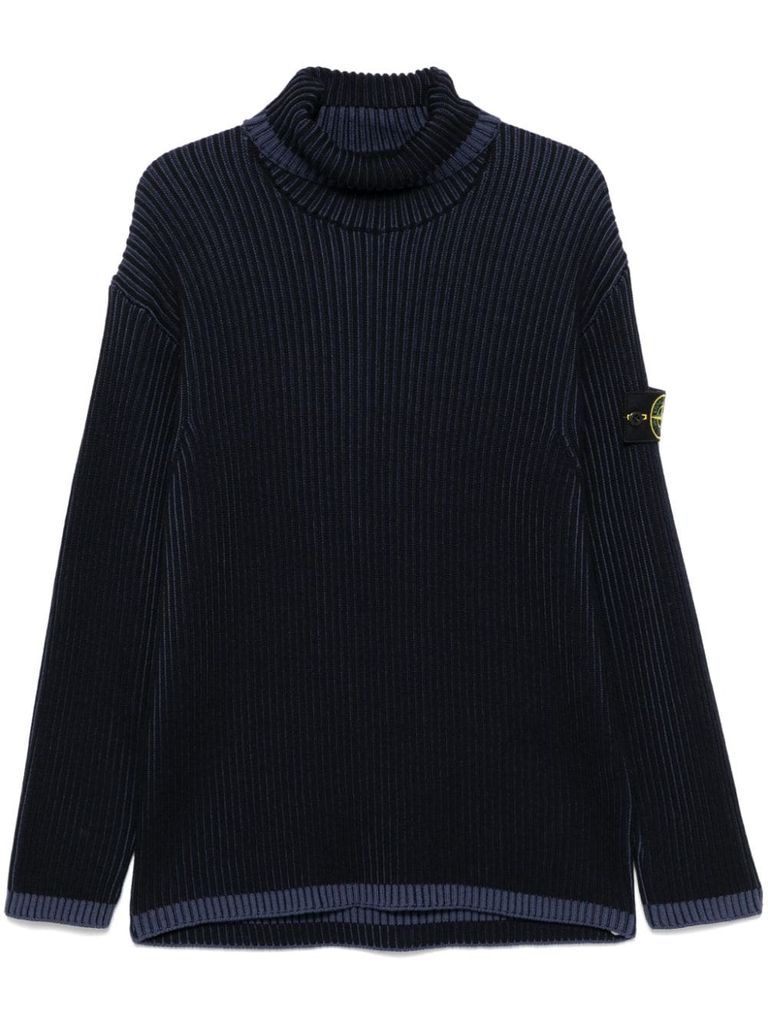 Shop Stone Island Ribbed Turtleneck Wool Sweater In Blue