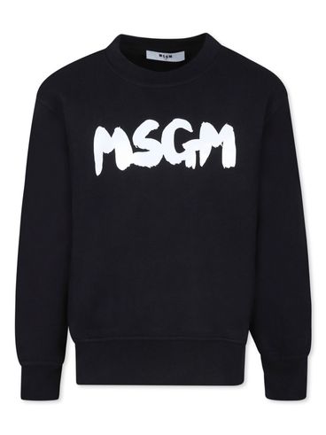 MSGM - Black cotton crewneck sweatshirt with logo print