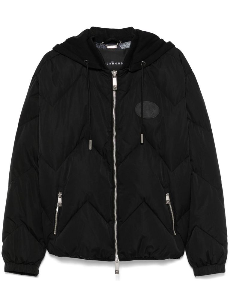 Shop John Richmond Short Quilted Down Jacket With Logo In Black