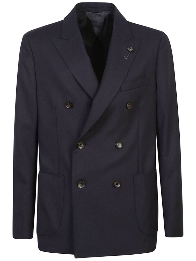 Shop Lardini Double-breasted Wool Blazer With A Pin In Grey