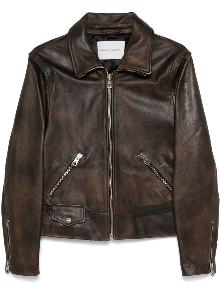 Shop Philippe Model Calfskin Jacket With Front Zip In Brown