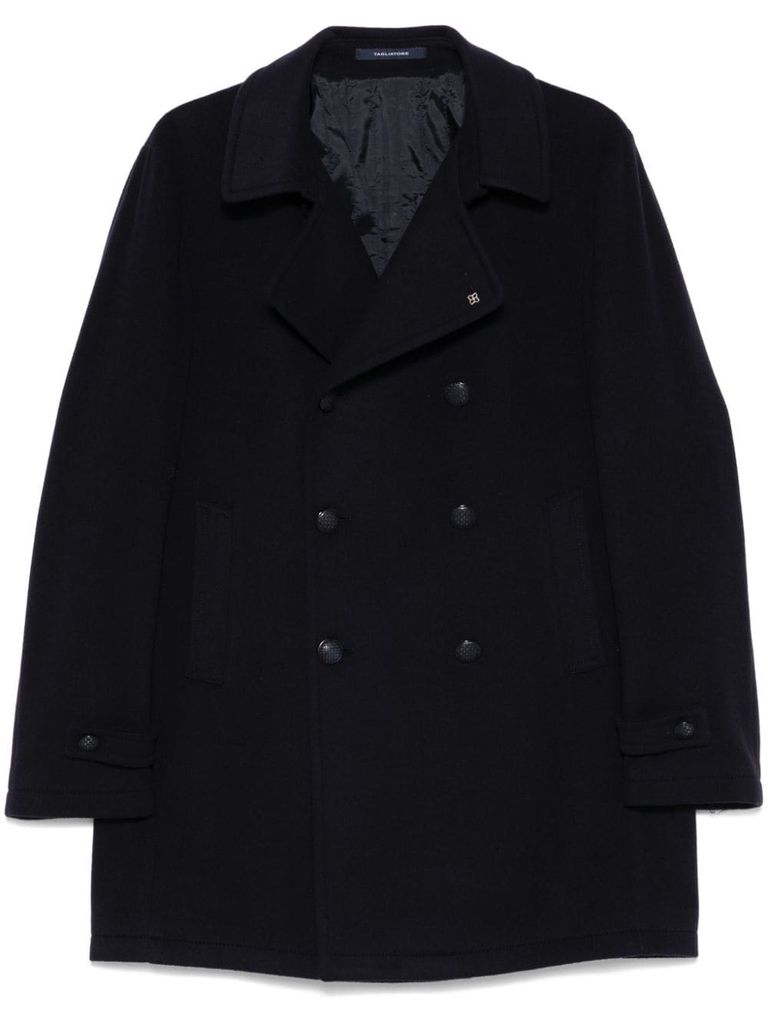 Tagliatore Long Double-breasted Virgin Wool Coat In Blue