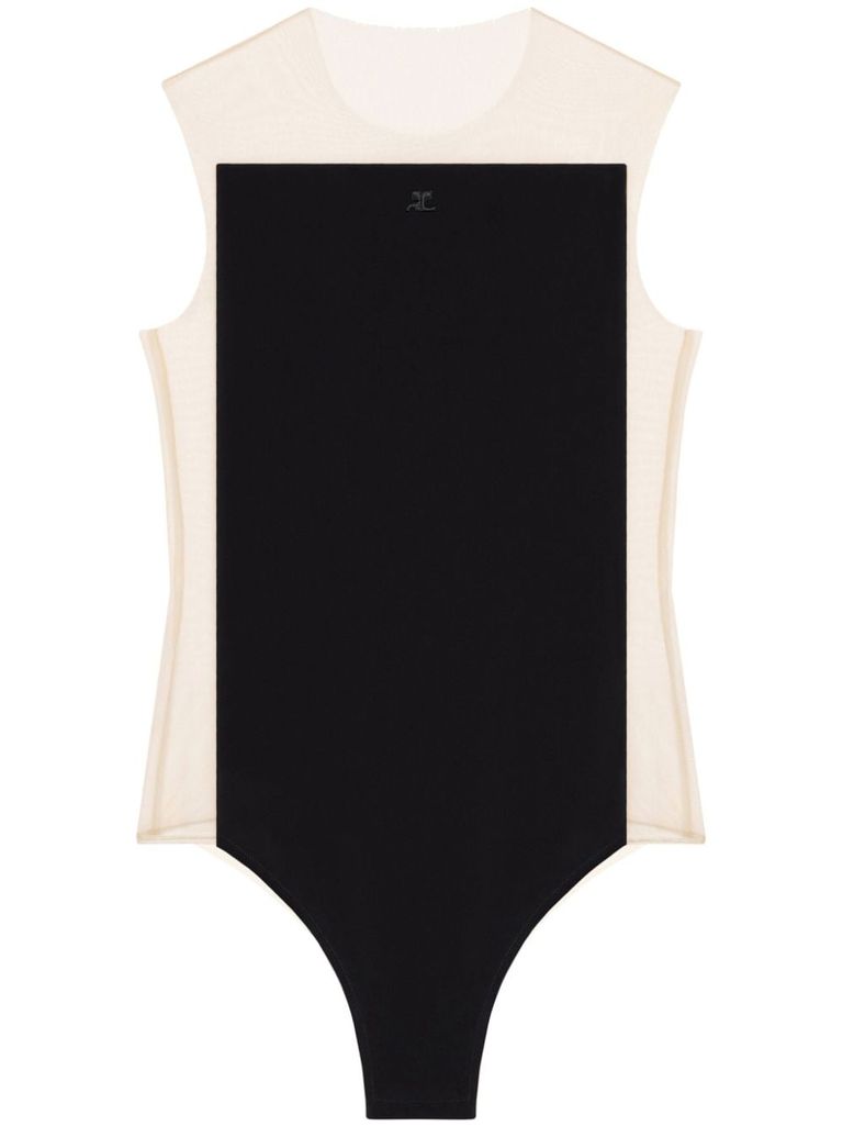 Shop Courrèges Black Sheer Bodysuit With Logo In Beige