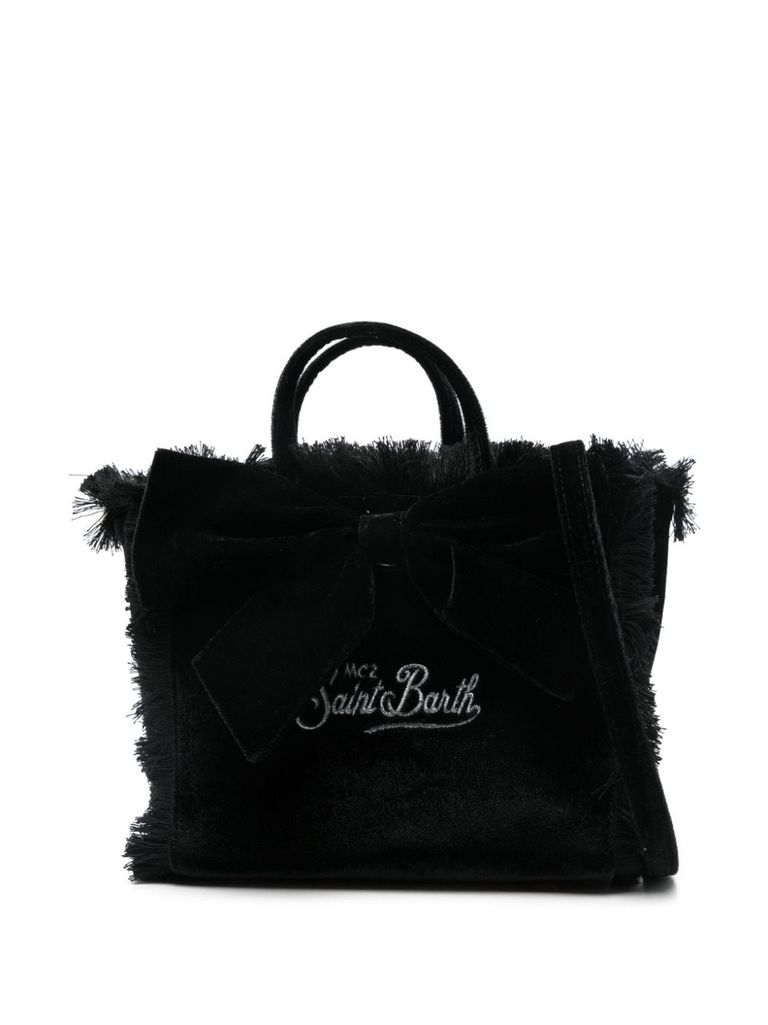 Shop Mc2 Saint Barth Mini Vanity Handbag With Fringes And Logo In Black