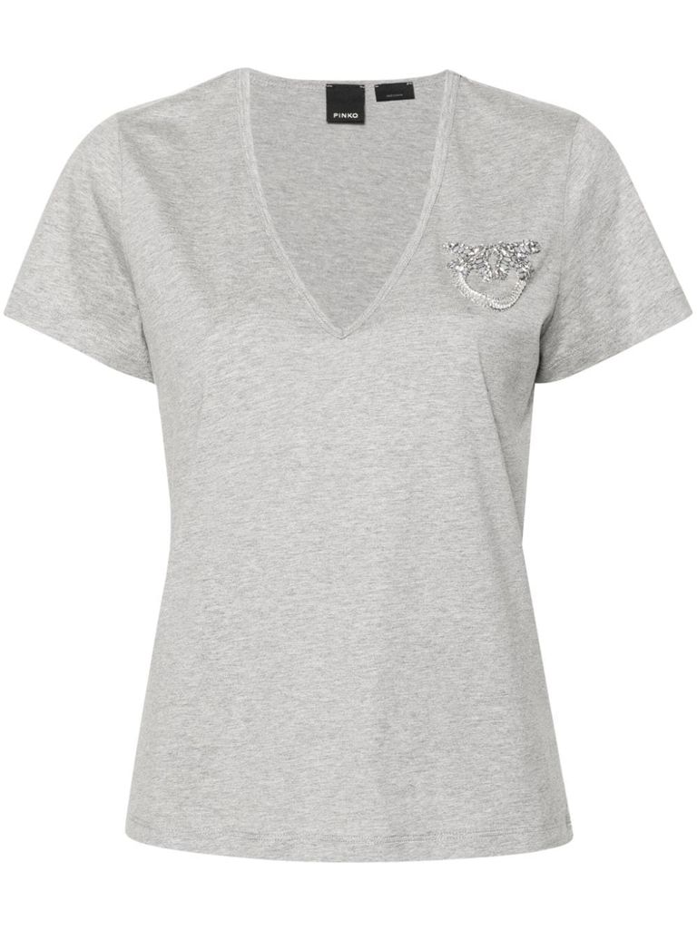 Shop Pinko Gray Cotton Turbato T-shirt With Rhinestone Logo In Grey