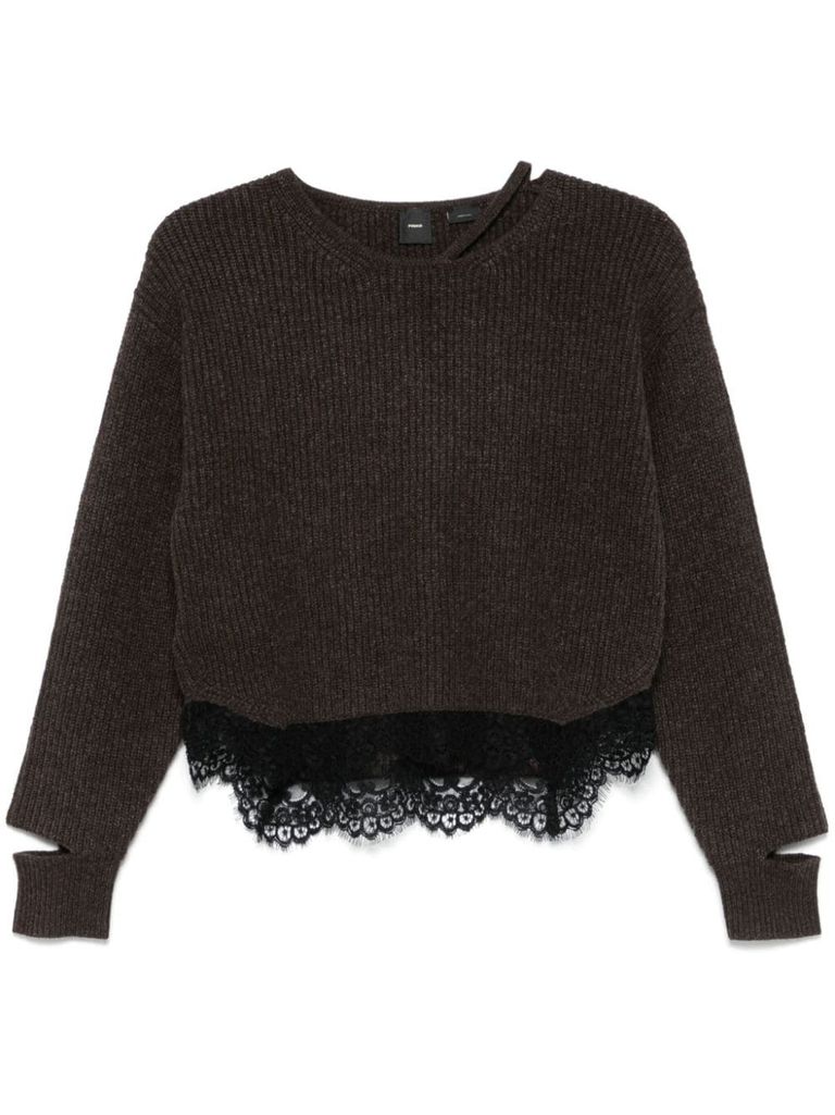 Shop Pinko Damigiana Wool Sweater With Lace In Brown