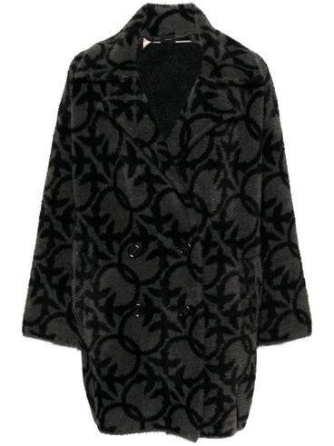 PINKO - Black and gray Toro fur double-breasted coat with logo