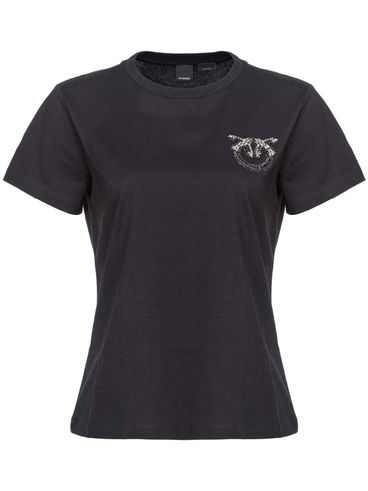 PINKO - T-shirt Nambrone in cotone nero con logo con brillantini