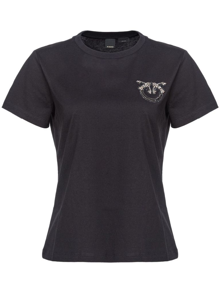 Shop Pinko Black Cotton Nambrone T-shirt With A Rhinestone Logo