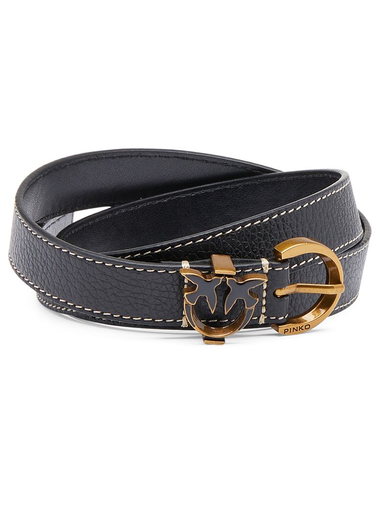 PINKO BLACK LEATHER TAMBORIL BELT WITH LOGO 