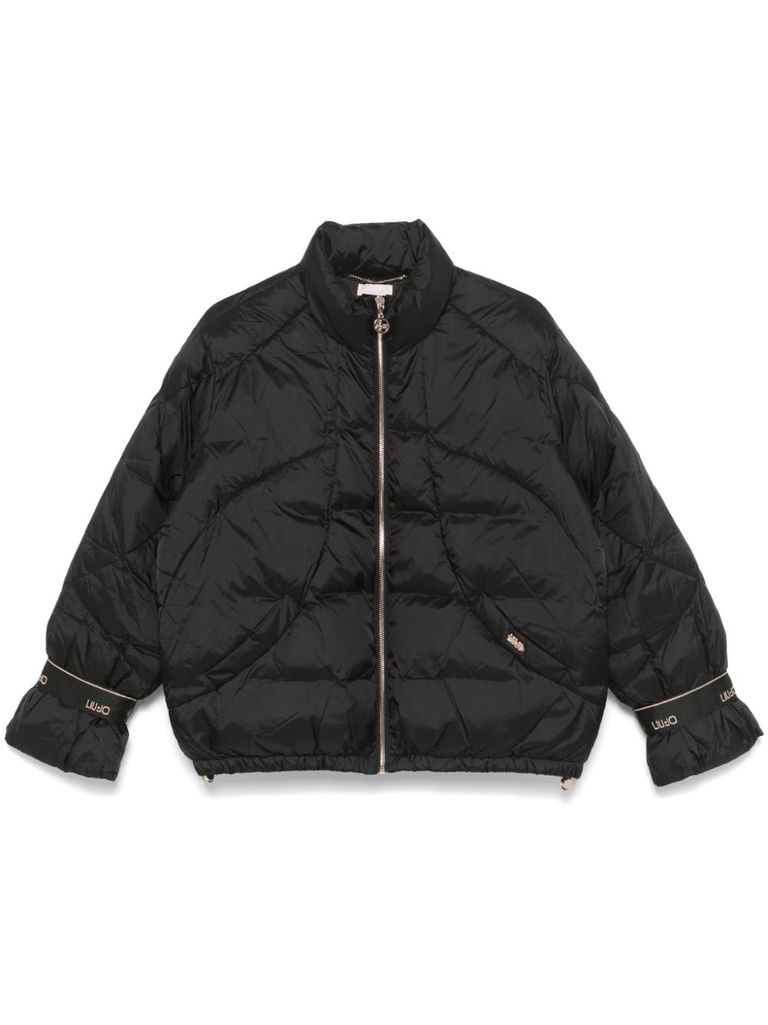 Shop Liu •jo Short Black Puffer Jacket With Logo Inserts