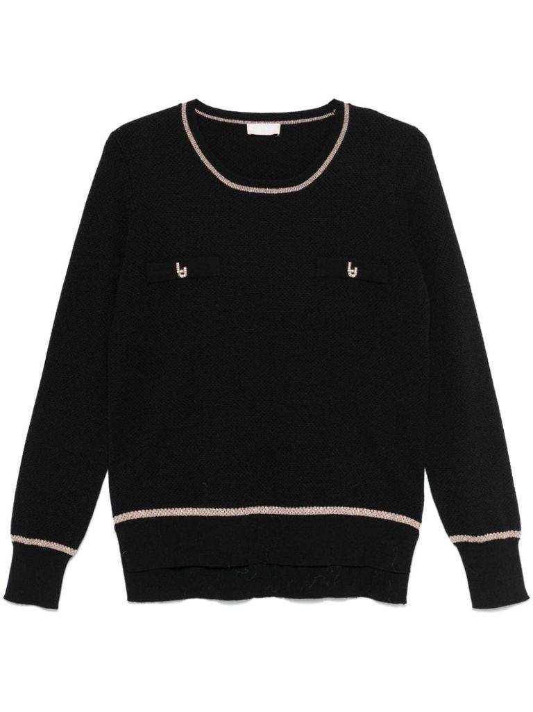 Shop Liu •jo Crewneck Sweater In Beige With Striped Inserts In Black