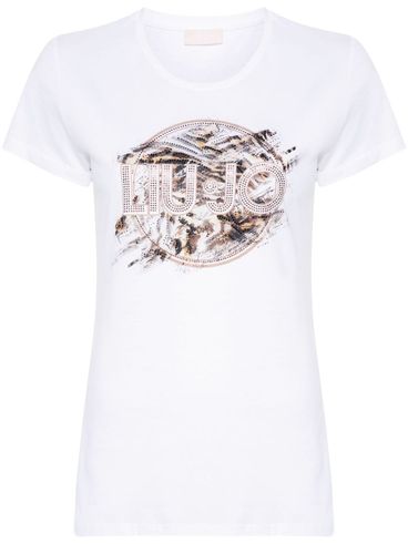 LIU JO - T-shirt in cotone bianco con stampa e strass