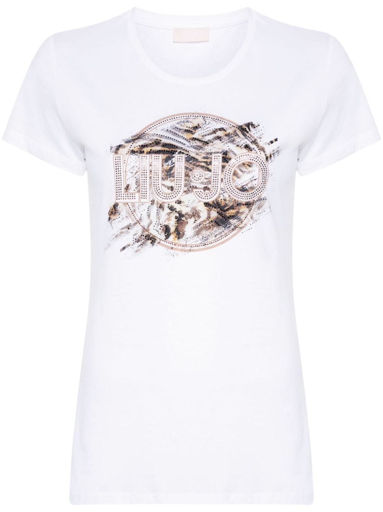 Shop Liu •jo White Cotton T-shirt With Print And Rhinestones