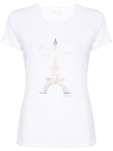 LIU JO - T-shirt in cotone bianco con strass e stampa