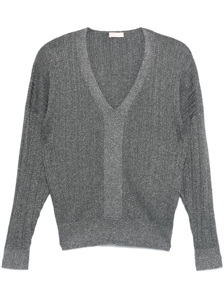 Shop Liu •jo Grey Lurex Sweater With A V-neck