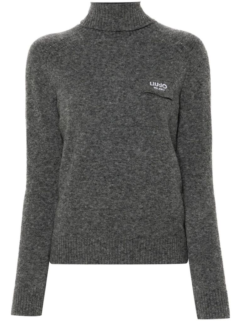 Liu •jo Grey Turtleneck Top With Logo In Gray