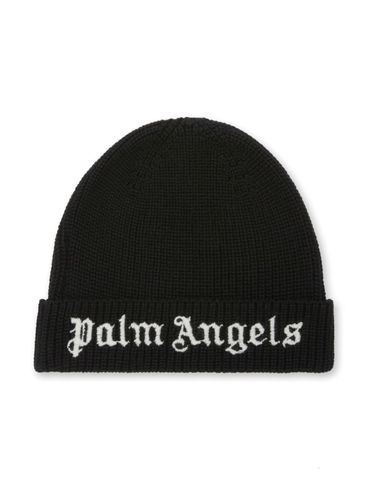 PALM ANGELS - Berretto in cotone e lana nero con logo bianco