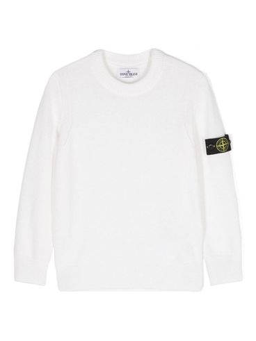 STONE ISLAND - Maglione in lana bianca girocollo con patch logo