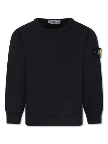 STONE ISLAND - Felpa in cotone nero girocollo con patch logo