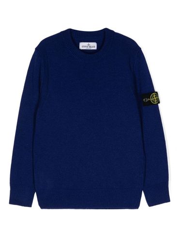 STONE ISLAND - Maglione in lana blu girocollo con patch logo