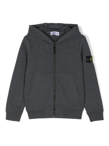 STONE ISLAND - Felpa in cotone grigio con cappuccio e zip