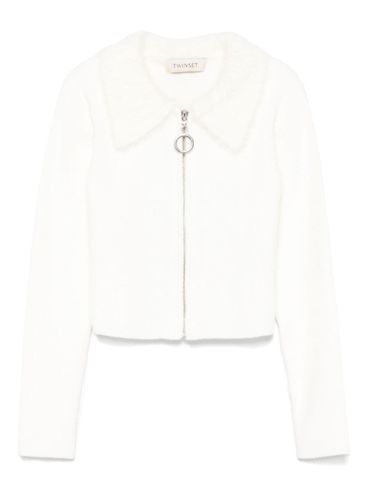 TWINSET - Cardigan bianco con zip e pelliccia