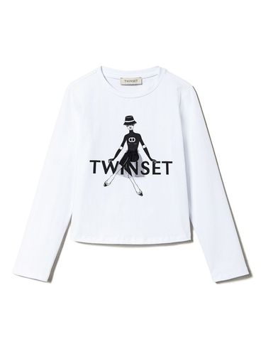 TWINSET - T-shirt in cotone bianco con stampa nera