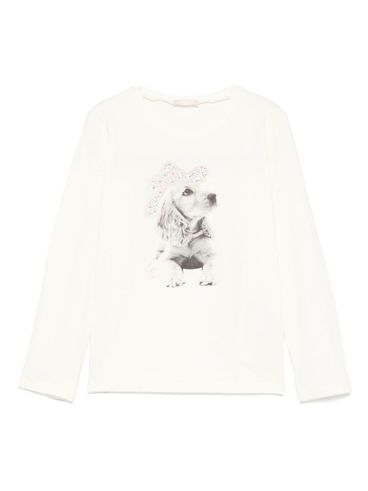 LIU JO - T-shirt in cotone bianco con stampa cane e strass