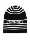 twinset - Berretto nero con logo e righe bianche