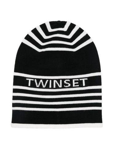 TWINSET - Berretto nero con logo e righe bianche