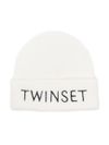 twinset - Berretto bianco a coste con logo nero